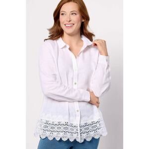 Susan Graver Pure Cross-Dyed Linen Blend Button Front Shirt w/Lace Cream M